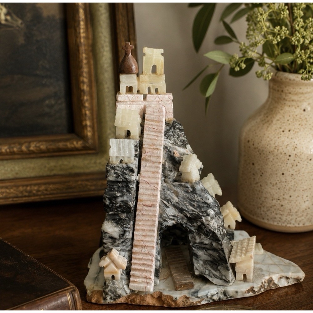 Vintage Hand Carved Onyx Alabaster Marble Mountain Village Temple 9.5" Folk Art